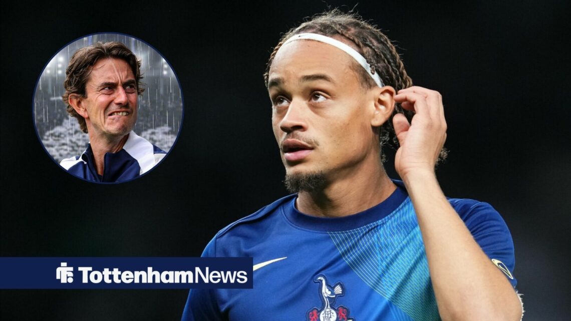 Totteham star Xavi Simons glances towards a circular inset, where manager Thomas Frank stands in the rain.