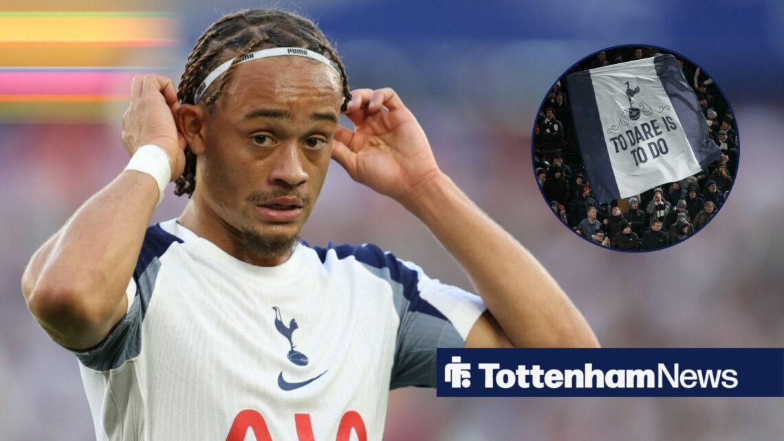 Xavi Simons adjusts his headband during a game for Tottenham, as fans wave a giant flag in a circular inset.