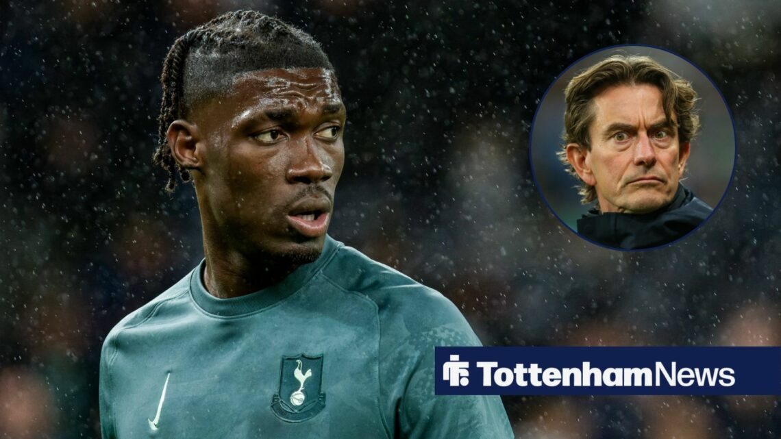 Tottenham midfielder Yves Bissouma glances towards a circular inset, where manager Thomas Frank stands looking exasperated.
