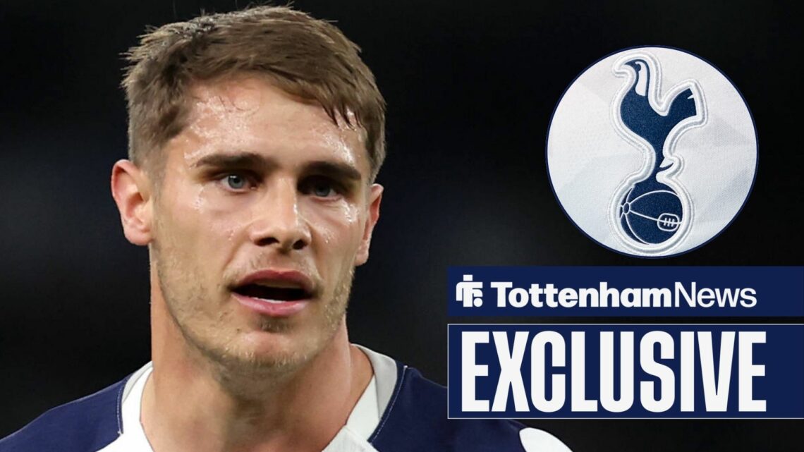 Micky van de Ven in action for Tottenham and Spurs badge in circular inset