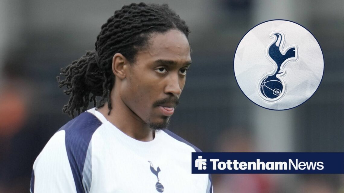 Djed Spence looking at Tottenham badge in circle