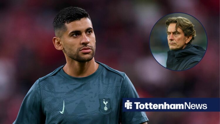 Cristian Romero in a Tottenham training top and Thomas Frank looks concerned in a round overlay