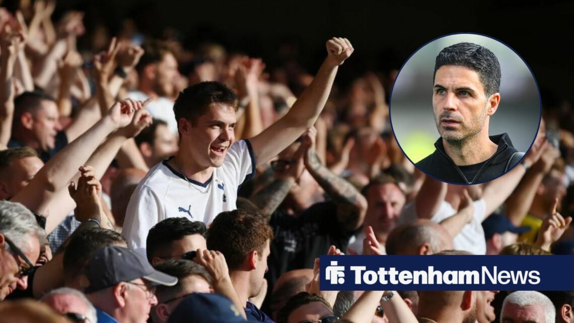 Tottenham fans, with Mikel Arteta in a circular frame