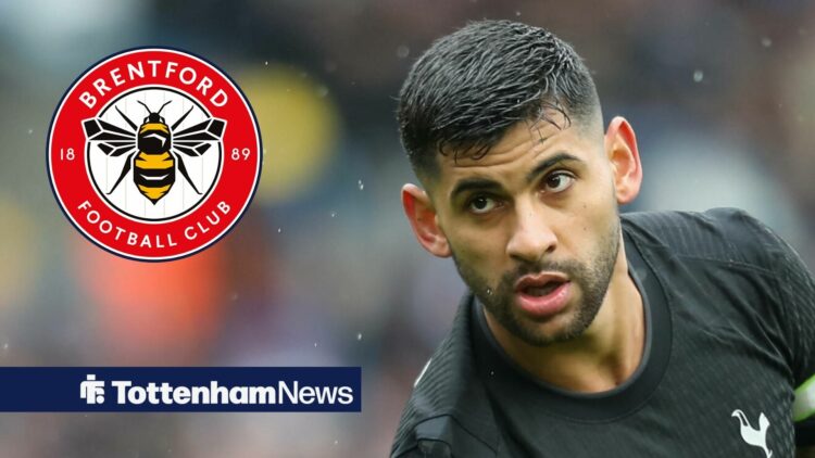 Cristian Romero alongside a circle inset of the Brentford badge.