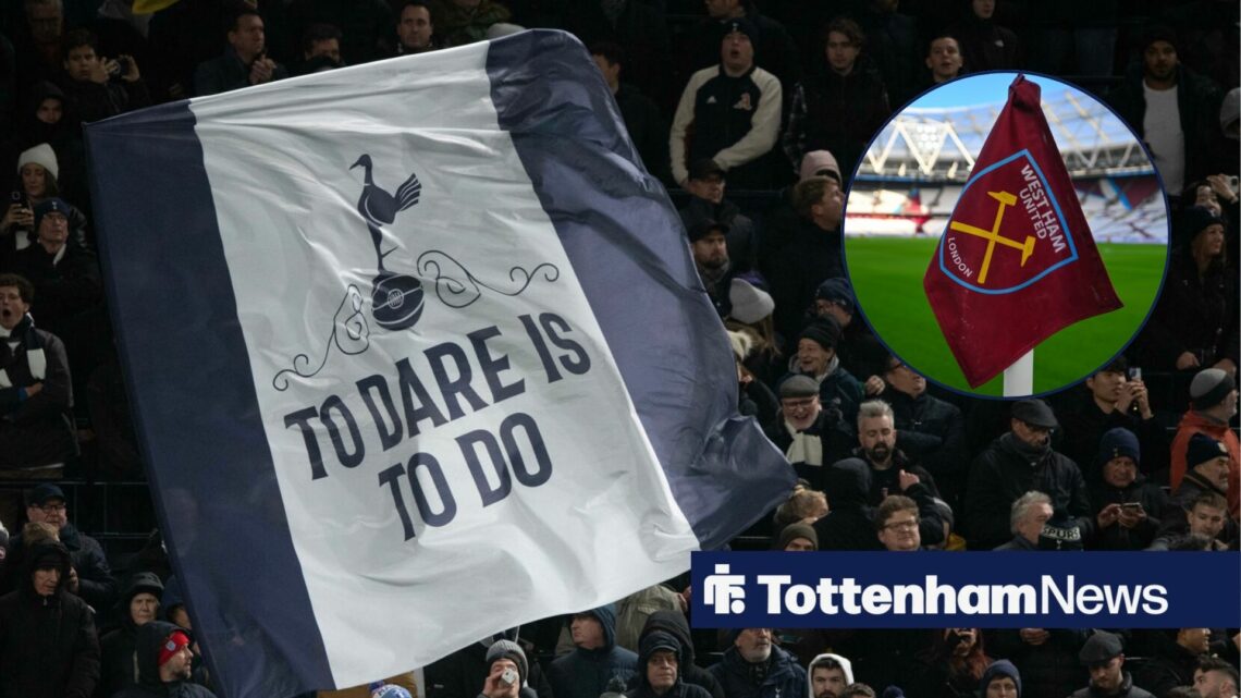 Tottenham fans alongside a circle inset of the West Ham corner flag.