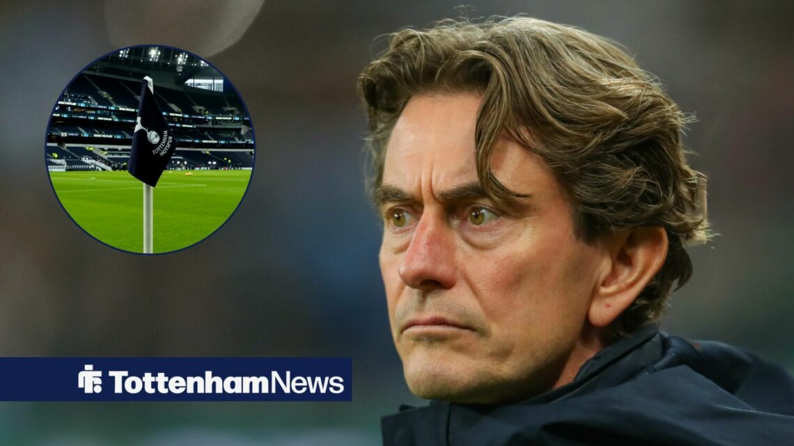 Thomas Frank alongside a circle inset of the Tottenham corner flag.