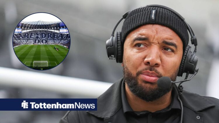Troy Deeney alongside a circle inset of the Tottenham Hotspur Stadium.