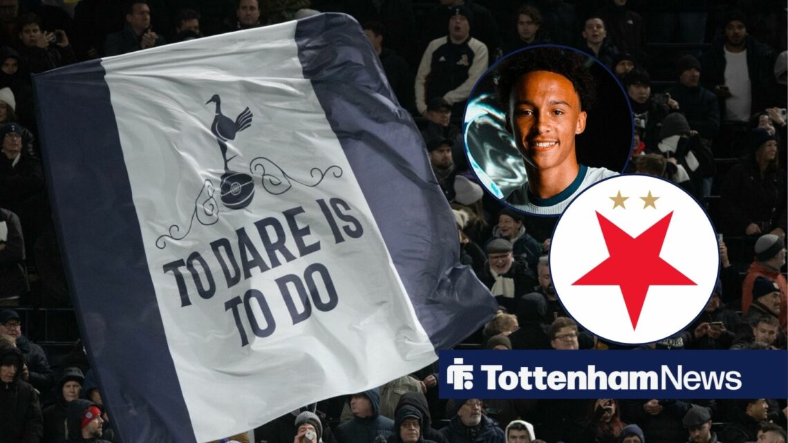 Tottenham fans holding a flag alongside circle insets of Malachi Hardy and the Slavia Prague badge