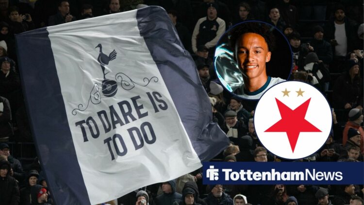 Tottenham fans holding a flag alongside circle insets of Malachi Hardy and the Slavia Prague badge