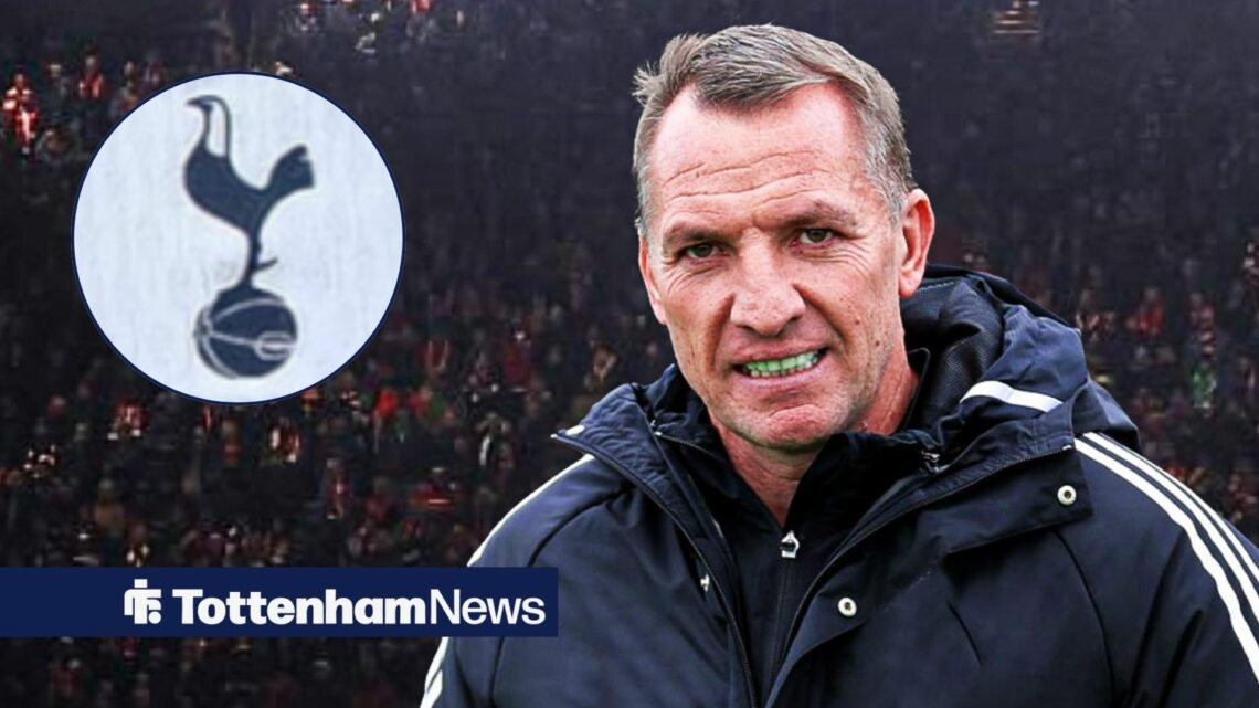 Brendan Rodgers smiling looking towards a circle inset of the Tottenham badge