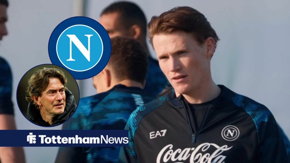 Scott McTominay looking in the direction of Thomas Frank and the Napoli badge.