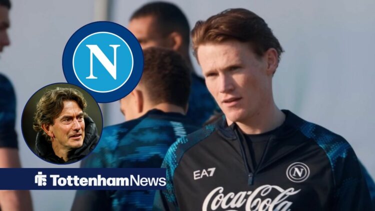 Scott McTominay looking in the direction of Thomas Frank and the Napoli badge.