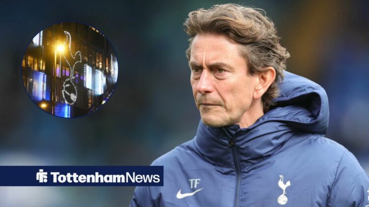 Thomas Frank looking annoyed towards a circle inset of the Tottenham Hotspur Stadium