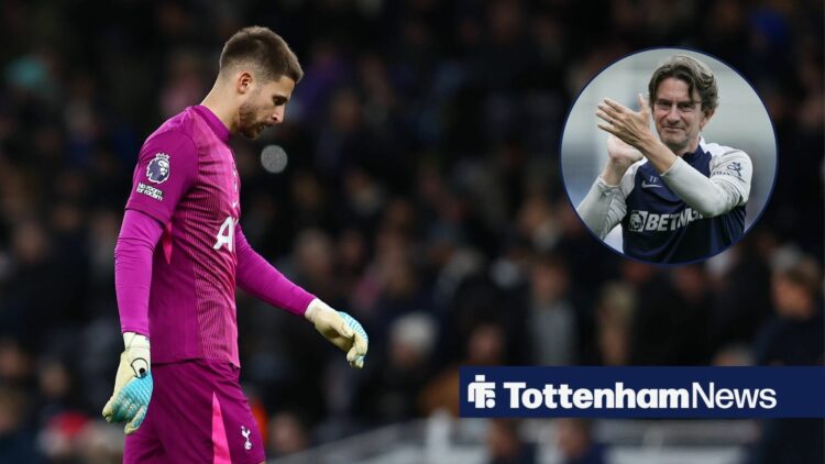 Guglielmo Vicario walking towards Thomas Frank clapping in circle