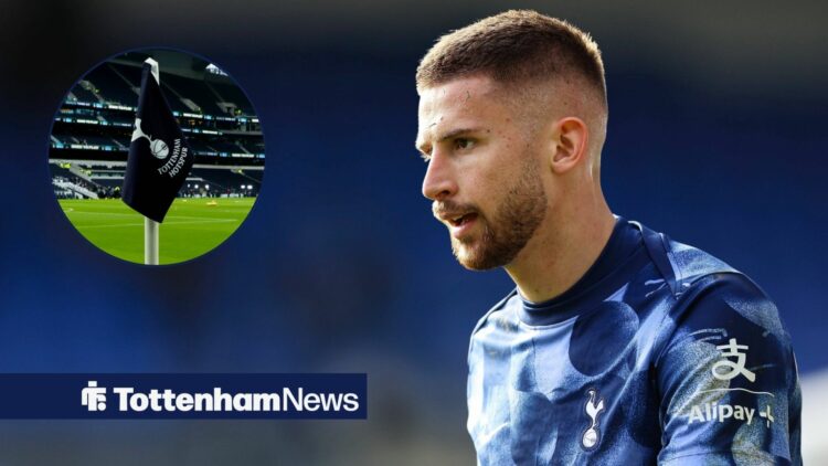 Guglielmo Vicario warming up for Tottenham looking towards a circle inset of the Tottenham Hotspur Stadium