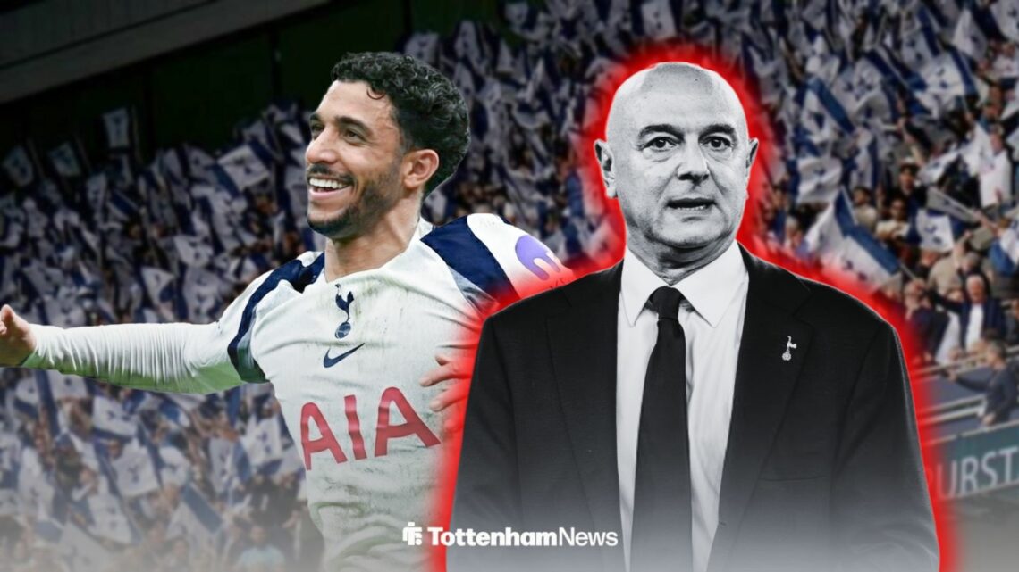 Omar Marmoush in a Tottenham shirt alongside Daniel Levy looking annoyed