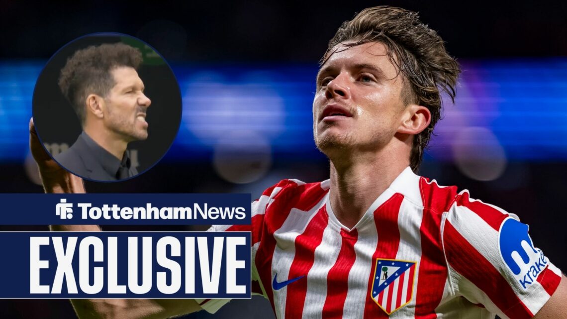 Conor Gallagher celebrating while playing for Atletico Madrid looking towards a circle inset of Diego Simeone looking annoyed