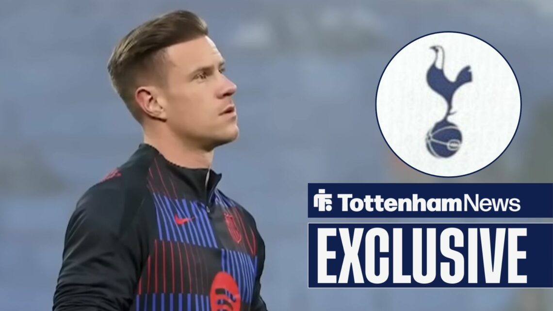 Marc-Andre ter Stegen warming up for Barcelona looking towards a Tottenham badge in a circle inset