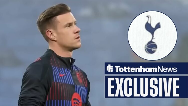 Marc-Andre ter Stegen warming up for Barcelona looking towards a Tottenham badge in a circle inset