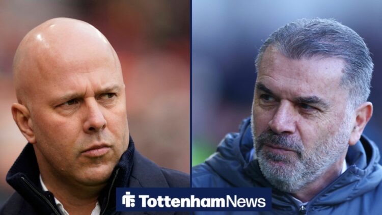 Arne Slot and Ange Postecoglou in 50/50 image split