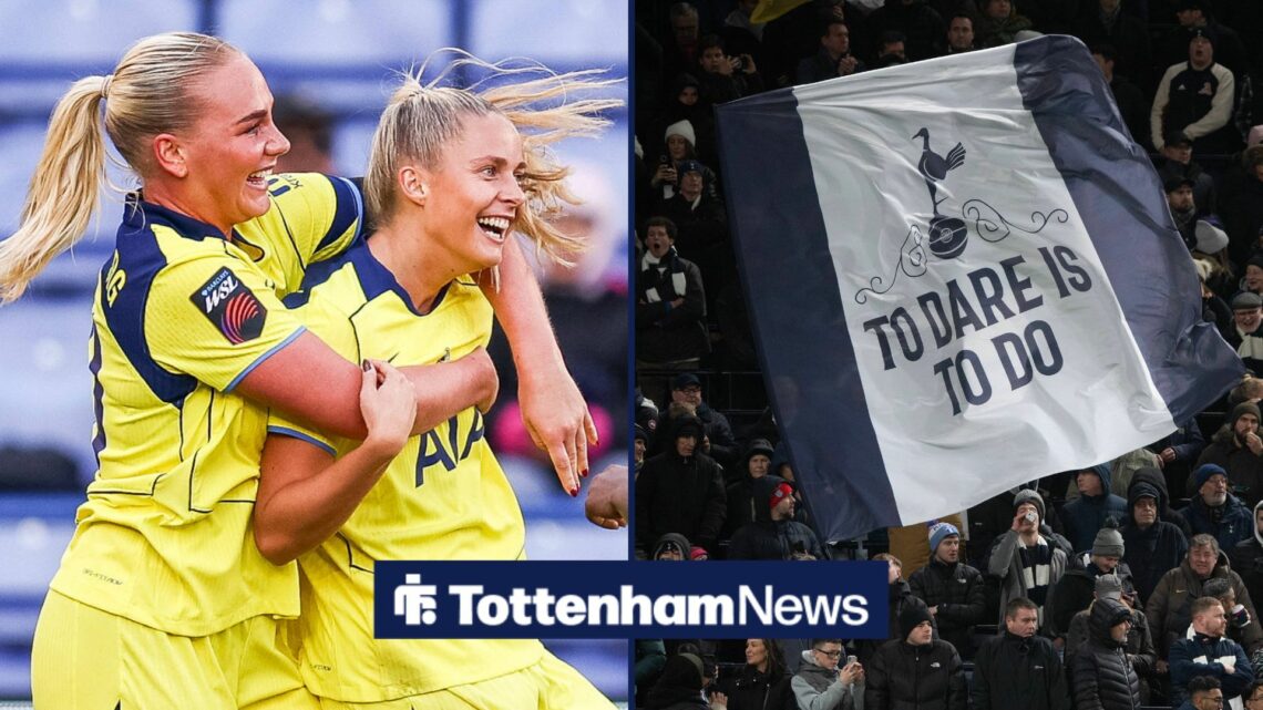 Olivia Holdt celebrating on left with Tottenham banner on right