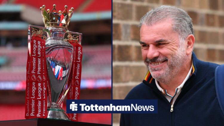 Ange Postecoglou smiling, with the Premier League trophy to the left of him.