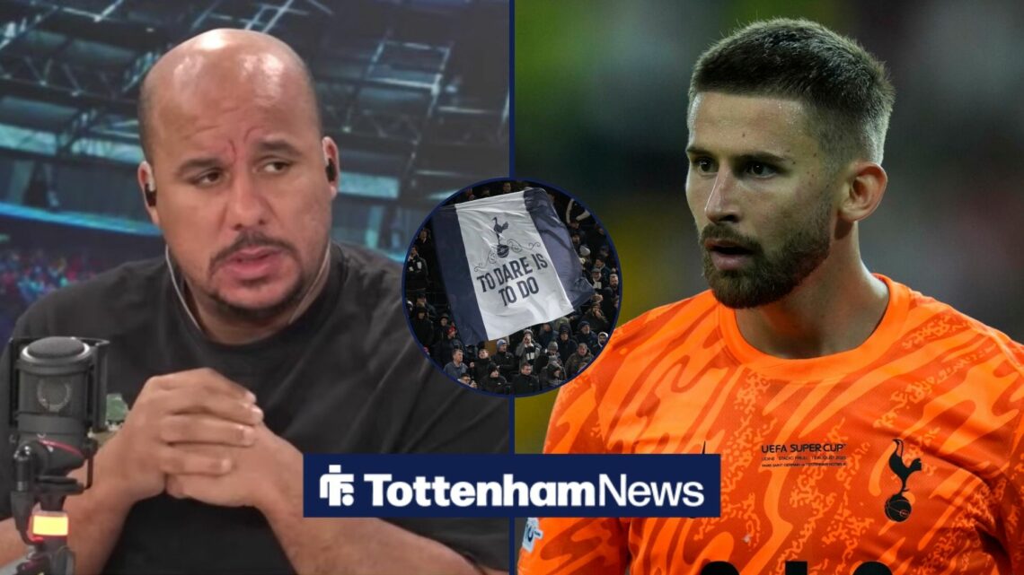 Gabby Agbonlahor looking angry in the direction of Guglielmo Vicario while Tottenham fans loom.