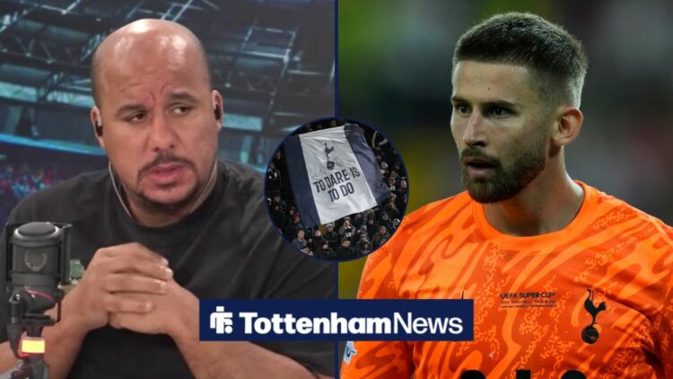 Gabby Agbonlahor looking angry in the direction of Guglielmo Vicario while Tottenham fans loom.