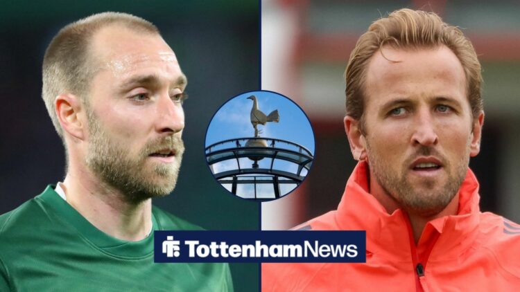 Christian Eriksen and Harry Kane looking at one another with a Spurs logo in the middle.