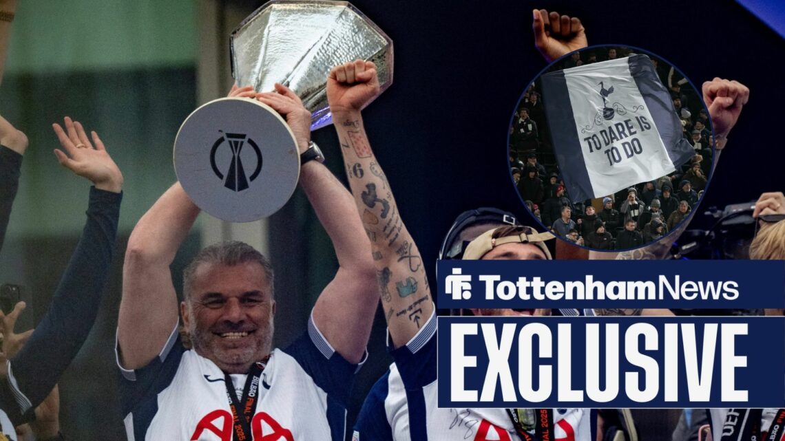 Ange Postecoglou lifting the Europa League trophy, Tottenham fans in inset.