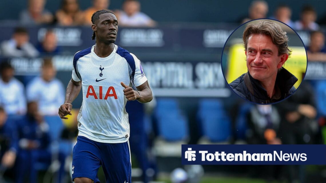 Yves Bissouma playing for Tottenham and Thomas Frank smiling in a round overlay