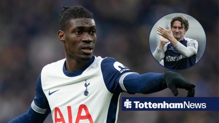 Yves Bissouma points while playing for Tottenham and Thomas Frank applauds in a round overlay