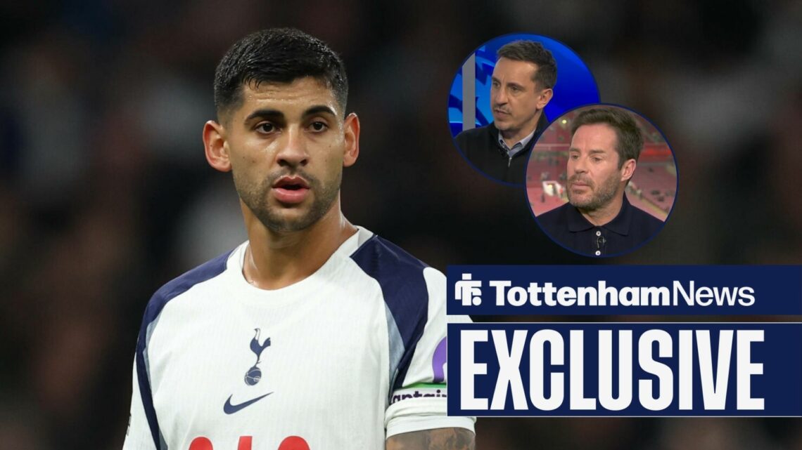 Tottenham defender Cristian Romero looking confused, Gary Neville and Jamie Redknapp in insets.