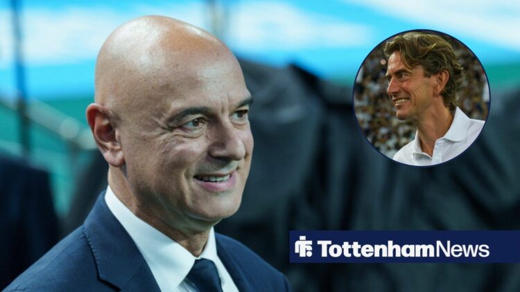 Former Tottenham chairman Daniel Levy smiling, Thomas Frank looking happy.