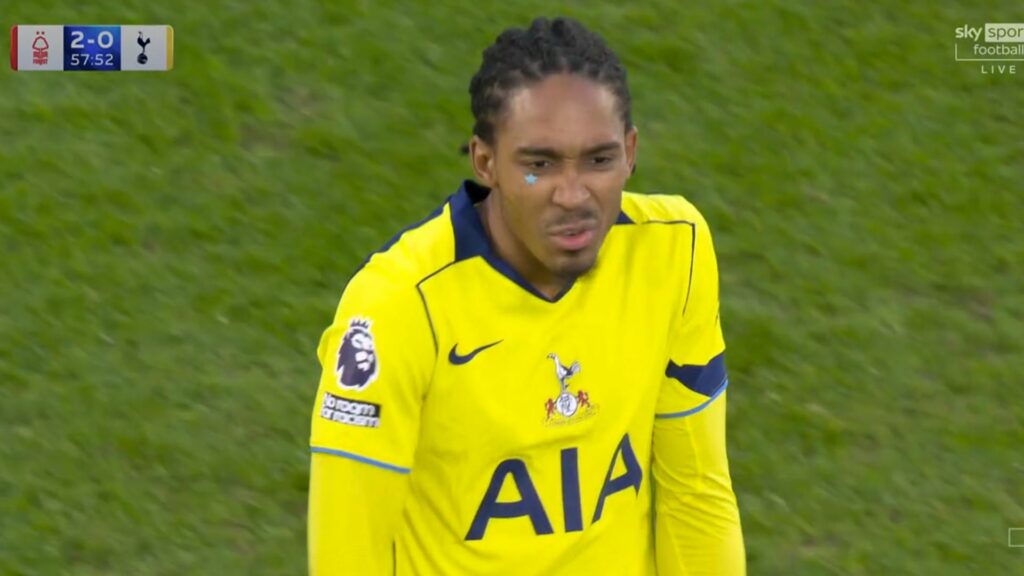 Djed Spence looks annoyed playing for Tottenham