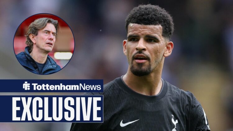 Tottenham star Dominic Solanke looking sad, Thomas Frank in inset.