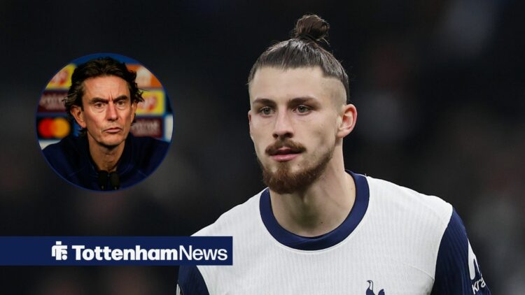 Radu Dragusin playing for Tottenham and Thomas Frank looking concerned in a round overlay