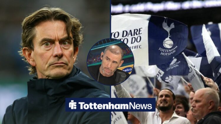 Thomas Frank opposite Tottenham supporters with Martin Keown in a round overlay
