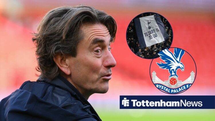 Tottenham boss Thomas Frank with Spurs banner and Crystal Palace badge inset