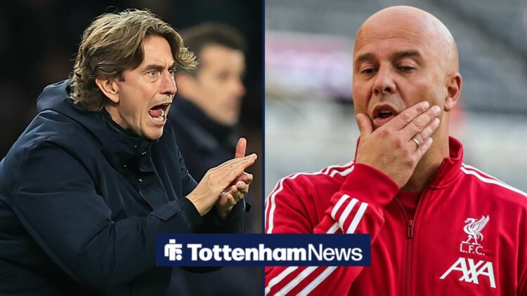 Thomas Frank claps towards Arne Slot in a split image