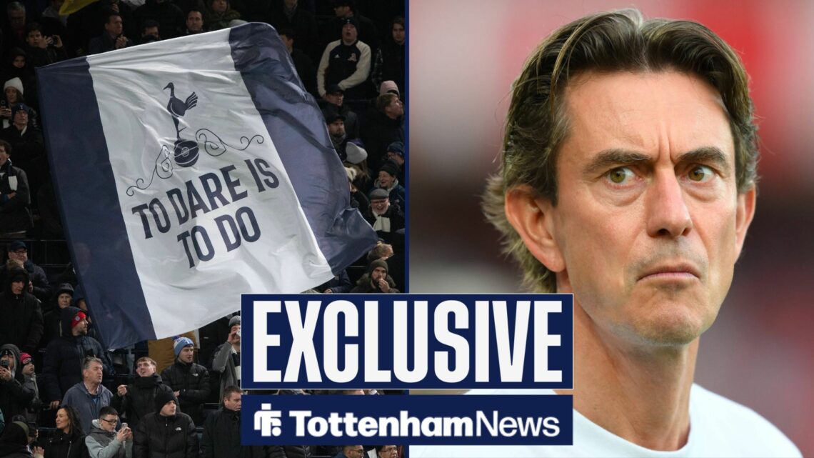 Thomas Franks looking at Tottenham fans in split image