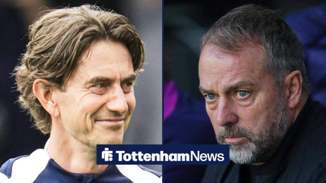 Thomas Frank smiling at Hansi Flick in split image