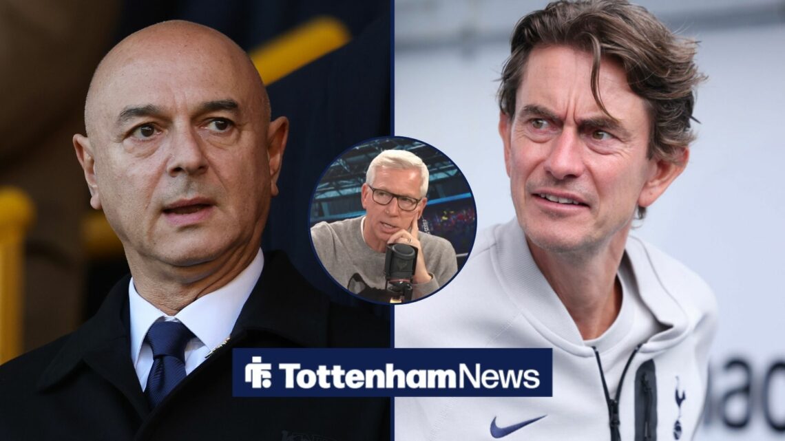 Daniel Levy and Thomas Frank in split screen with Alan Pardew in a round overlay