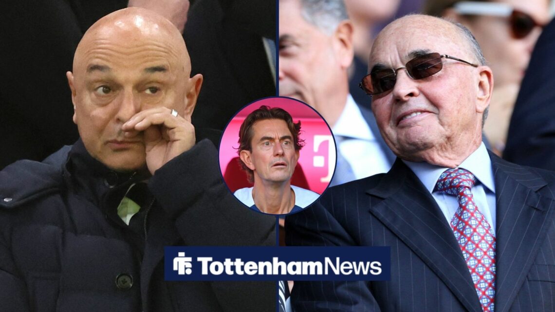 Daniel Levy scratches his nose opposite Joe Lewis in sunglasses with Thomas Frank in a round central overlay