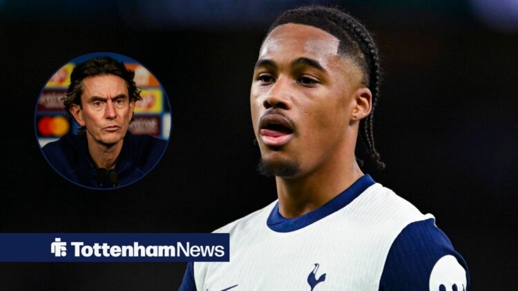 Wilson Odobert playing for Tottenham and a serious-looking Thomas Frank in a round overlay