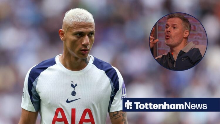 Richarlison playing for Tottenham and Jamie Carragher in a round overlay