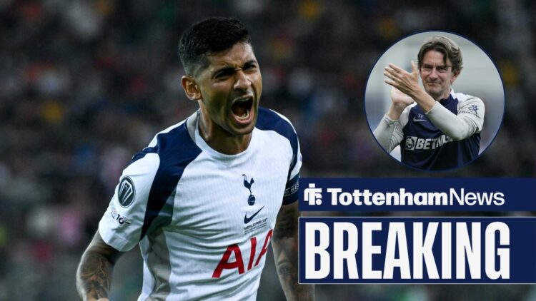 Cristian Romero celebrates with Thomas Frank applauding in a round overlay