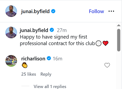 Richarlison commented on the Instagram post