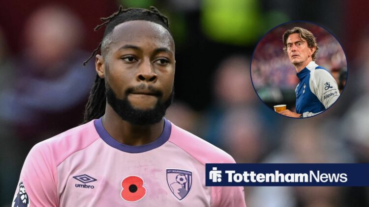 Bournemouth's Antoine Semenyo with Tottenham's Thomas Frank inset