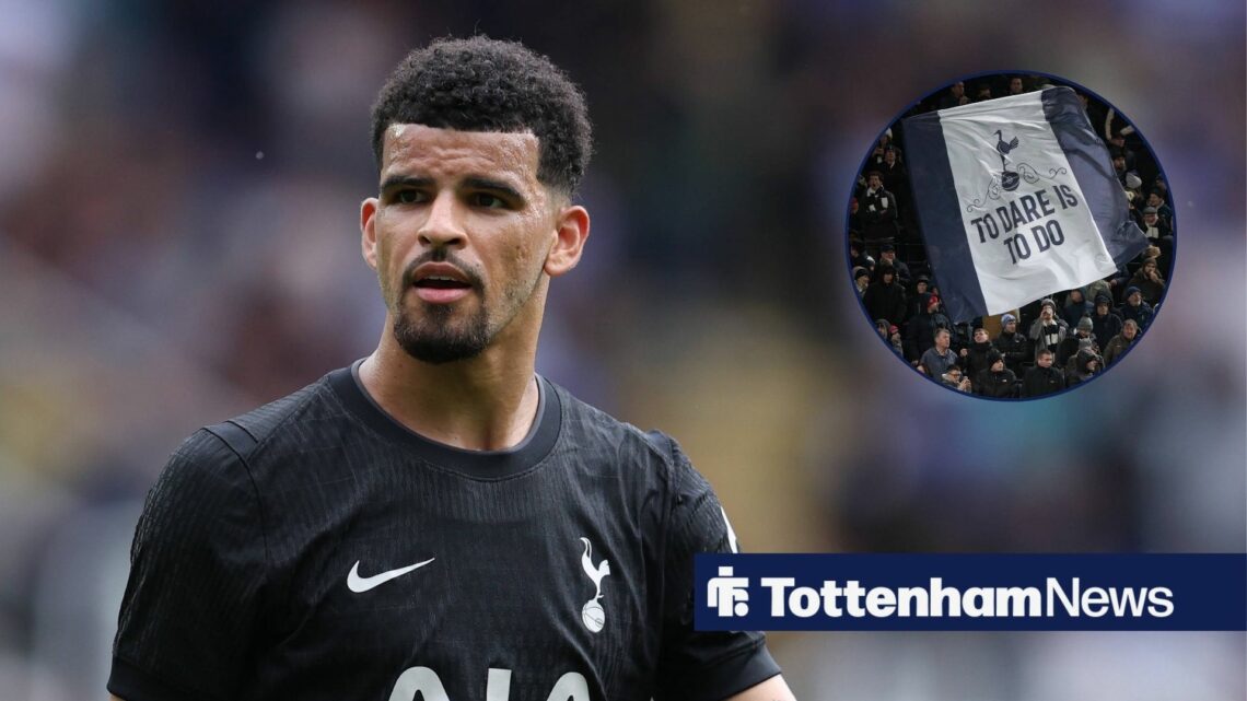 Tottenham's Dominic Solanke with Spurs flag inset